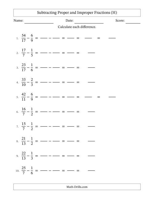 The Subtracting Proper and Improper Fractions with Unlike Denominators, Mixed Fractions Results and All Simplifying (Fillable) (H) Math Worksheet