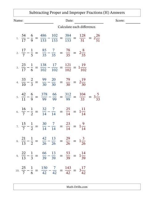 The Subtracting Proper and Improper Fractions with Unlike Denominators, Mixed Fractions Results and All Simplifying (Fillable) (H) Math Worksheet Page 2