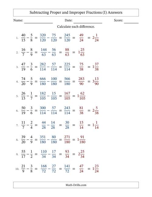 The Subtracting Proper and Improper Fractions with Unlike Denominators, Mixed Fractions Results and All Simplifying (Fillable) (I) Math Worksheet Page 2