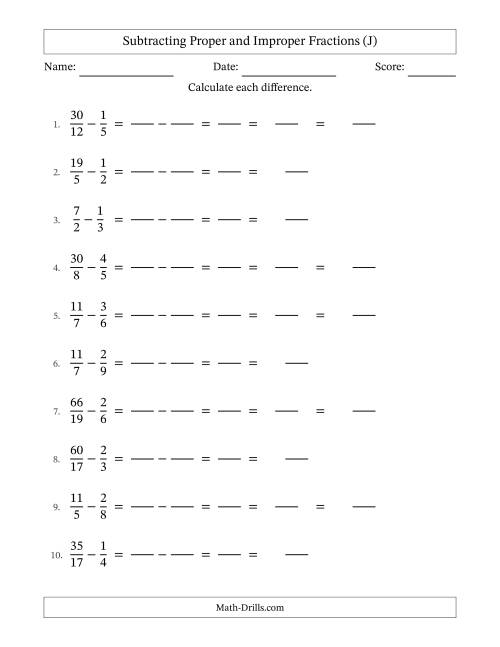 The Subtracting Proper and Improper Fractions with Unlike Denominators, Mixed Fractions Results and All Simplifying (Fillable) (J) Math Worksheet