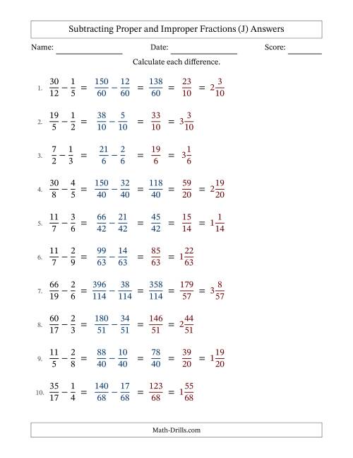 The Subtracting Proper and Improper Fractions with Unlike Denominators, Mixed Fractions Results and All Simplifying (Fillable) (J) Math Worksheet Page 2