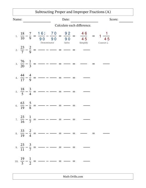 The Subtracting Proper and Improper Fractions with Unlike Denominators, Mixed Fractions Results and All Simplifying (Fillable) (All) Math Worksheet