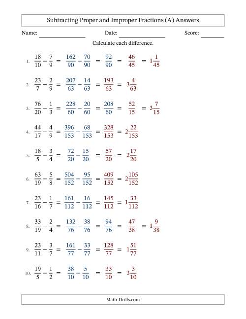 The Subtracting Proper and Improper Fractions with Unlike Denominators, Mixed Fractions Results and All Simplifying (Fillable) (All) Math Worksheet Page 2