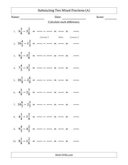 The Subtracting Two Mixed Fractions with Equal Denominators, Mixed Fractions Results and No Simplifying (Fillable) (A) Math Worksheet