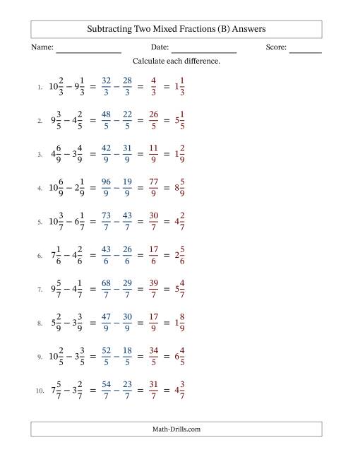 The Subtracting Two Mixed Fractions with Equal Denominators, Mixed Fractions Results and No Simplifying (Fillable) (B) Math Worksheet Page 2