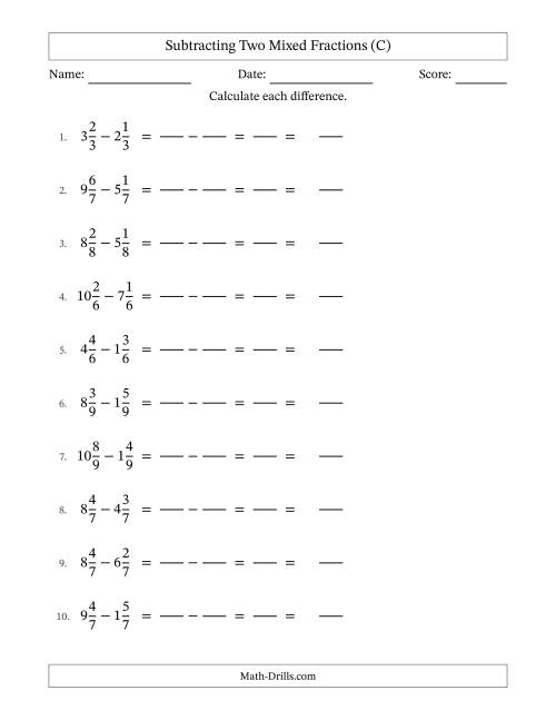 The Subtracting Two Mixed Fractions with Equal Denominators, Mixed Fractions Results and No Simplifying (Fillable) (C) Math Worksheet