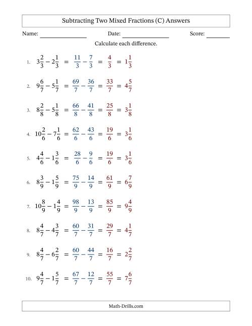 The Subtracting Two Mixed Fractions with Equal Denominators, Mixed Fractions Results and No Simplifying (Fillable) (C) Math Worksheet Page 2
