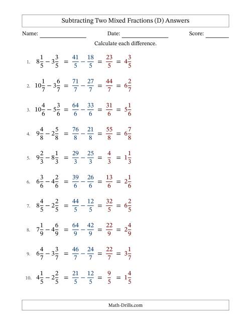 The Subtracting Two Mixed Fractions with Equal Denominators, Mixed Fractions Results and No Simplifying (Fillable) (D) Math Worksheet Page 2