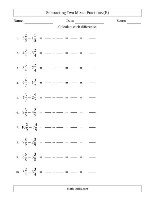 The Subtracting Two Mixed Fractions with Equal Denominators, Mixed Fractions Results and No Simplifying (Fillable) (E) Math Worksheet