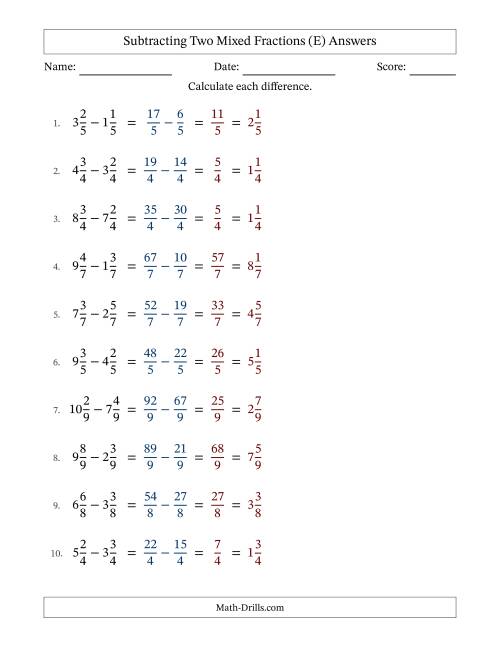 The Subtracting Two Mixed Fractions with Equal Denominators, Mixed Fractions Results and No Simplifying (Fillable) (E) Math Worksheet Page 2