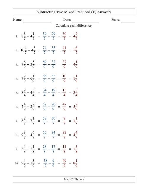 The Subtracting Two Mixed Fractions with Equal Denominators, Mixed Fractions Results and No Simplifying (Fillable) (F) Math Worksheet Page 2