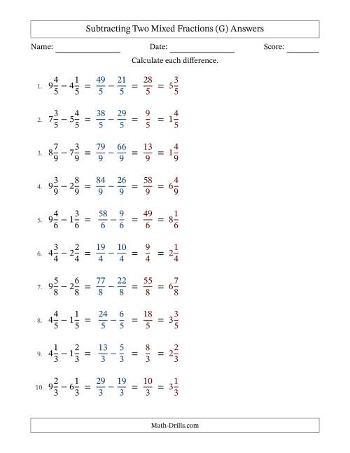 The Subtracting Two Mixed Fractions with Equal Denominators, Mixed Fractions Results and No Simplifying (Fillable) (G) Math Worksheet Page 2