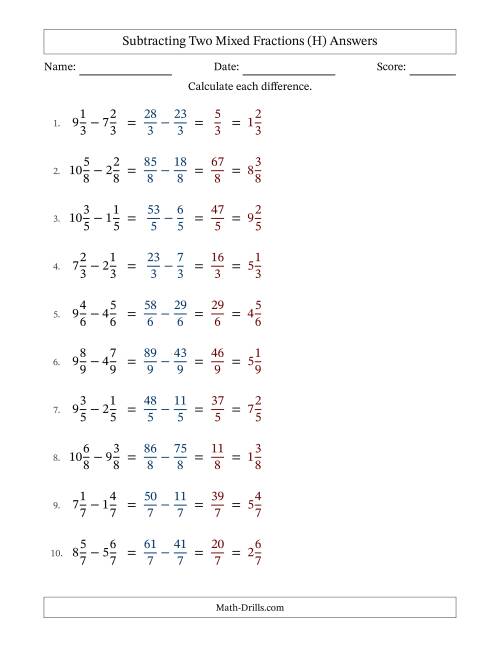 The Subtracting Two Mixed Fractions with Equal Denominators, Mixed Fractions Results and No Simplifying (Fillable) (H) Math Worksheet Page 2