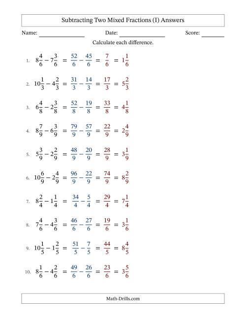 The Subtracting Two Mixed Fractions with Equal Denominators, Mixed Fractions Results and No Simplifying (Fillable) (I) Math Worksheet Page 2