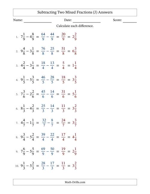 The Subtracting Two Mixed Fractions with Equal Denominators, Mixed Fractions Results and No Simplifying (Fillable) (J) Math Worksheet Page 2