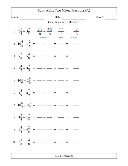 The Subtracting Two Mixed Fractions with Equal Denominators, Mixed Fractions Results and No Simplifying (Fillable) (All) Math Worksheet