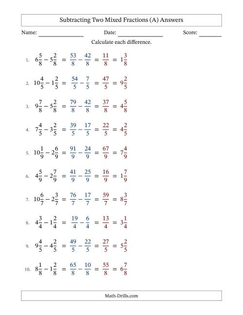 The Subtracting Two Mixed Fractions with Equal Denominators, Mixed Fractions Results and No Simplifying (Fillable) (All) Math Worksheet Page 2