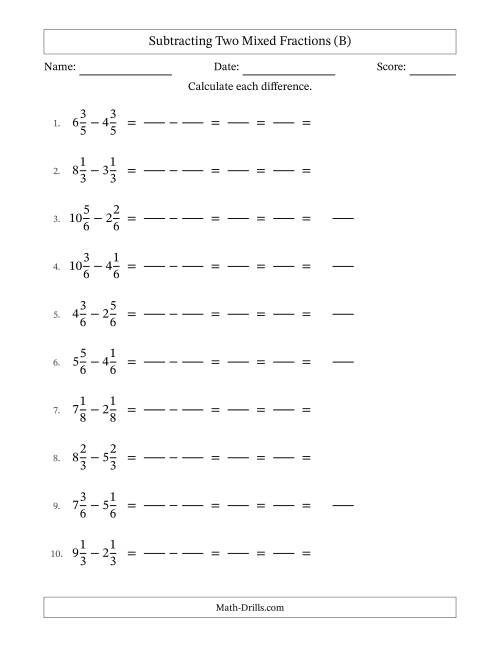 The Subtracting Two Mixed Fractions with Equal Denominators, Mixed Fractions Results and All Simplifying (Fillable) (B) Math Worksheet