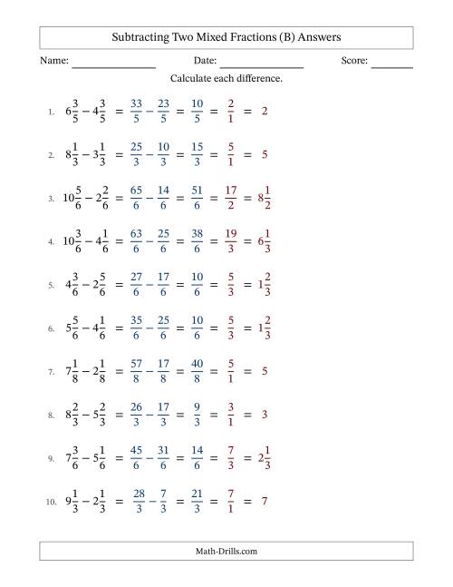 The Subtracting Two Mixed Fractions with Equal Denominators, Mixed Fractions Results and All Simplifying (Fillable) (B) Math Worksheet Page 2