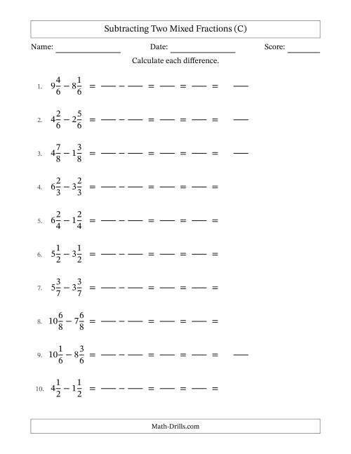 The Subtracting Two Mixed Fractions with Equal Denominators, Mixed Fractions Results and All Simplifying (Fillable) (C) Math Worksheet