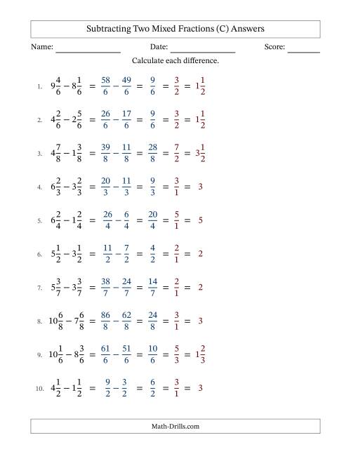 The Subtracting Two Mixed Fractions with Equal Denominators, Mixed Fractions Results and All Simplifying (Fillable) (C) Math Worksheet Page 2