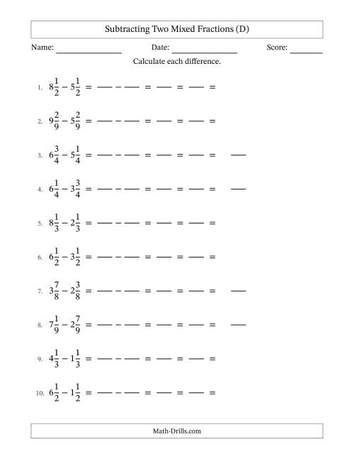 The Subtracting Two Mixed Fractions with Equal Denominators, Mixed Fractions Results and All Simplifying (Fillable) (D) Math Worksheet
