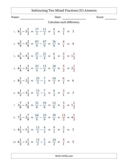 The Subtracting Two Mixed Fractions with Equal Denominators, Mixed Fractions Results and All Simplifying (Fillable) (D) Math Worksheet Page 2
