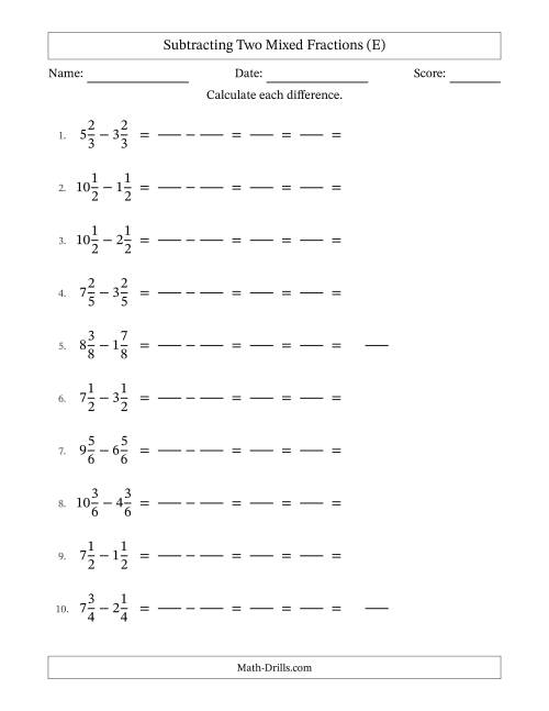 The Subtracting Two Mixed Fractions with Equal Denominators, Mixed Fractions Results and All Simplifying (Fillable) (E) Math Worksheet