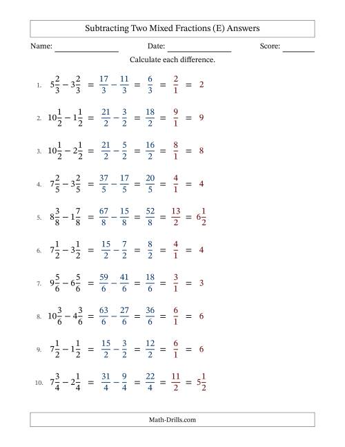 The Subtracting Two Mixed Fractions with Equal Denominators, Mixed Fractions Results and All Simplifying (Fillable) (E) Math Worksheet Page 2