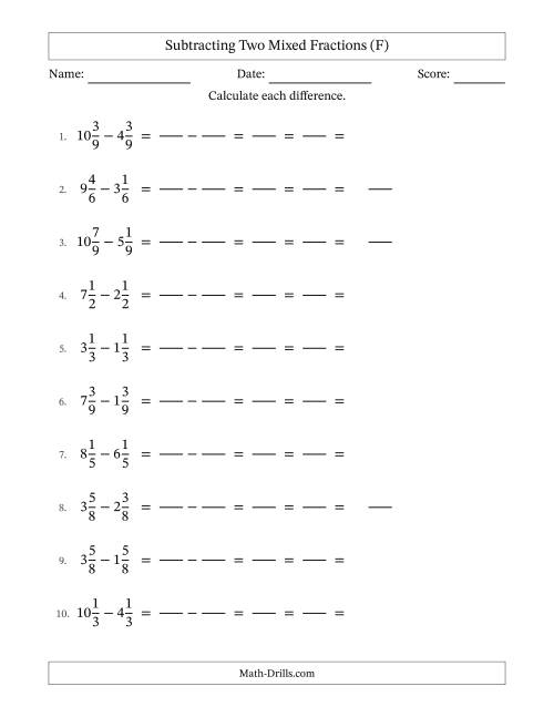 The Subtracting Two Mixed Fractions with Equal Denominators, Mixed Fractions Results and All Simplifying (Fillable) (F) Math Worksheet