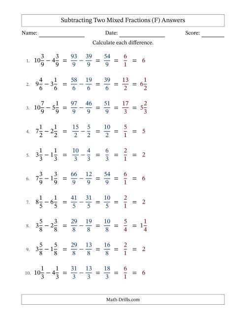 The Subtracting Two Mixed Fractions with Equal Denominators, Mixed Fractions Results and All Simplifying (Fillable) (F) Math Worksheet Page 2