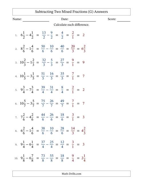 The Subtracting Two Mixed Fractions with Equal Denominators, Mixed Fractions Results and All Simplifying (Fillable) (G) Math Worksheet Page 2