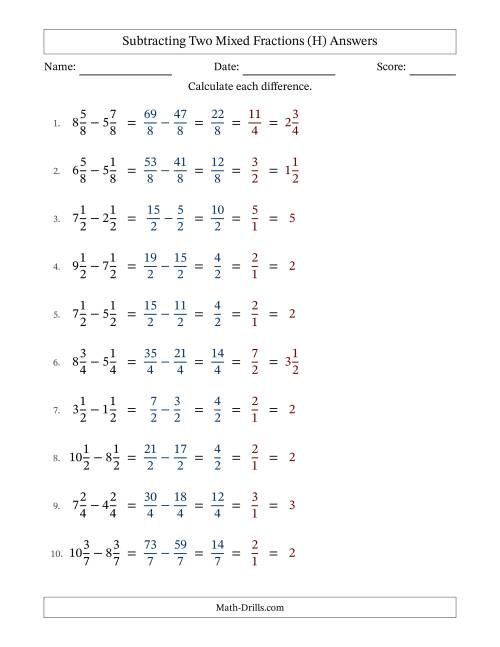The Subtracting Two Mixed Fractions with Equal Denominators, Mixed Fractions Results and All Simplifying (Fillable) (H) Math Worksheet Page 2