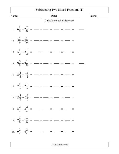 The Subtracting Two Mixed Fractions with Equal Denominators, Mixed Fractions Results and All Simplifying (Fillable) (I) Math Worksheet