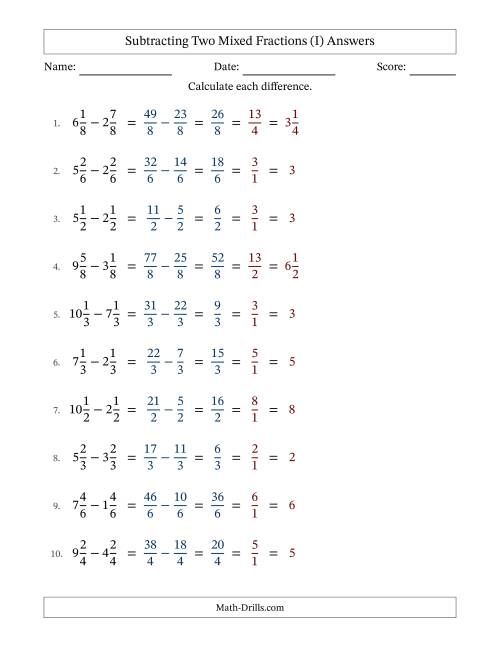 The Subtracting Two Mixed Fractions with Equal Denominators, Mixed Fractions Results and All Simplifying (Fillable) (I) Math Worksheet Page 2