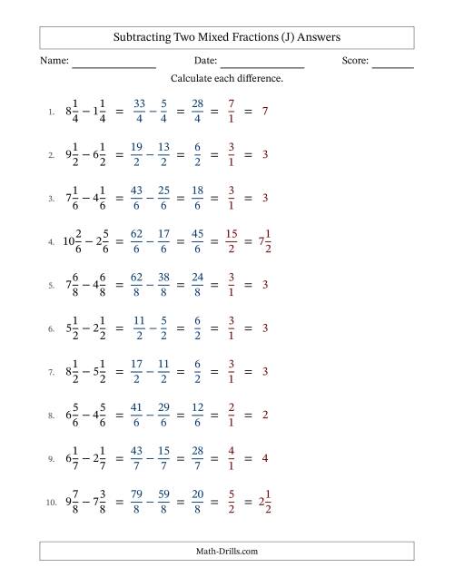 The Subtracting Two Mixed Fractions with Equal Denominators, Mixed Fractions Results and All Simplifying (Fillable) (J) Math Worksheet Page 2