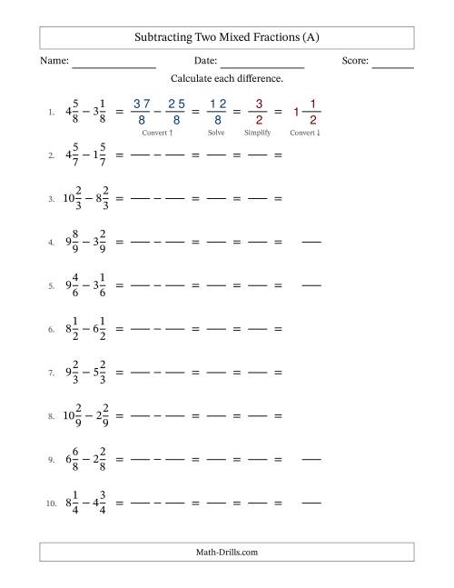 The Subtracting Two Mixed Fractions with Equal Denominators, Mixed Fractions Results and All Simplifying (Fillable) (All) Math Worksheet