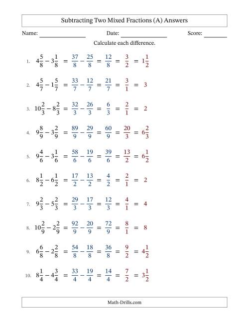 The Subtracting Two Mixed Fractions with Equal Denominators, Mixed Fractions Results and All Simplifying (Fillable) (All) Math Worksheet Page 2