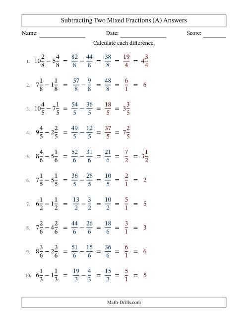 The Subtracting Two Mixed Fractions with Equal Denominators, Mixed Fractions Results and Some Simplifying (Fillable) (A) Math Worksheet Page 2