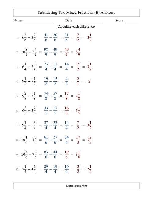 The Subtracting Two Mixed Fractions with Equal Denominators, Mixed Fractions Results and Some Simplifying (Fillable) (B) Math Worksheet Page 2