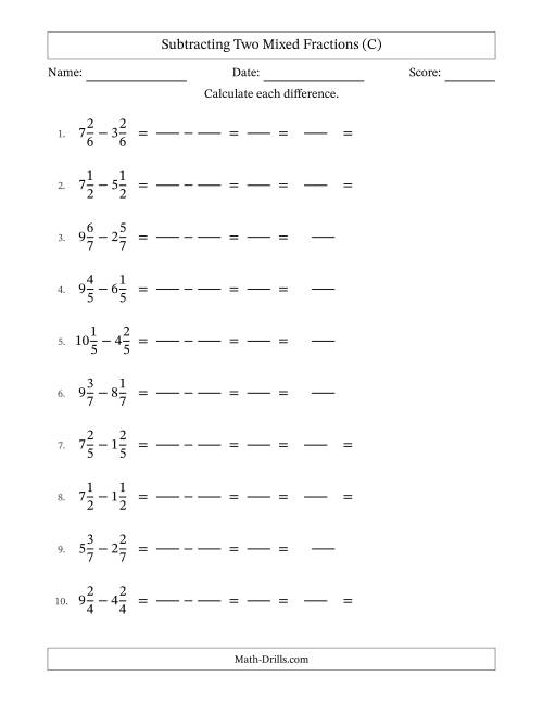 The Subtracting Two Mixed Fractions with Equal Denominators, Mixed Fractions Results and Some Simplifying (Fillable) (C) Math Worksheet