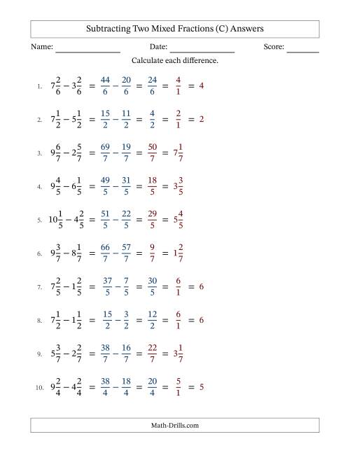 The Subtracting Two Mixed Fractions with Equal Denominators, Mixed Fractions Results and Some Simplifying (Fillable) (C) Math Worksheet Page 2
