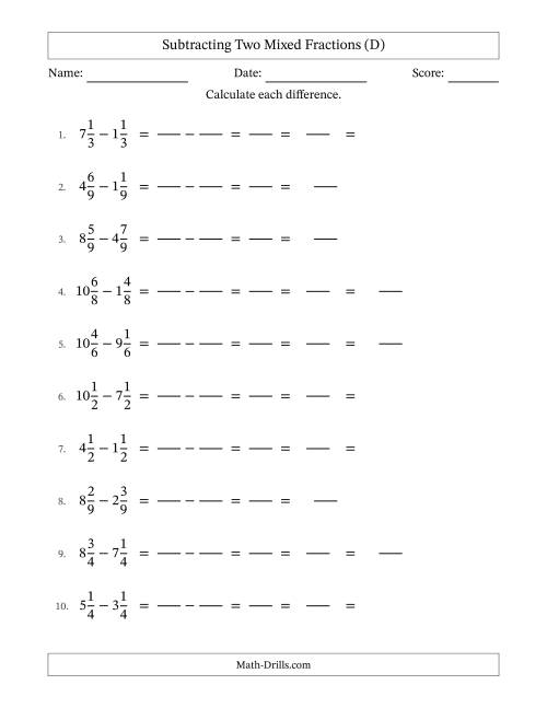 The Subtracting Two Mixed Fractions with Equal Denominators, Mixed Fractions Results and Some Simplifying (Fillable) (D) Math Worksheet