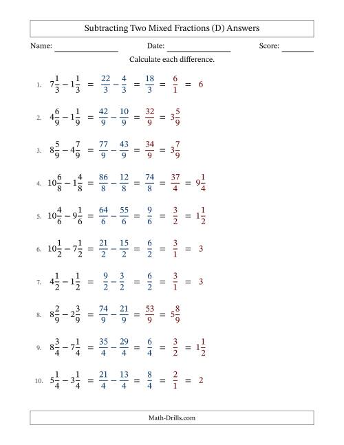 The Subtracting Two Mixed Fractions with Equal Denominators, Mixed Fractions Results and Some Simplifying (Fillable) (D) Math Worksheet Page 2
