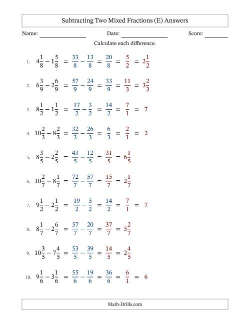 The Subtracting Two Mixed Fractions with Equal Denominators, Mixed Fractions Results and Some Simplifying (Fillable) (E) Math Worksheet Page 2