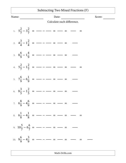The Subtracting Two Mixed Fractions with Equal Denominators, Mixed Fractions Results and Some Simplifying (Fillable) (F) Math Worksheet