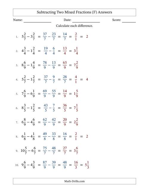 The Subtracting Two Mixed Fractions with Equal Denominators, Mixed Fractions Results and Some Simplifying (Fillable) (F) Math Worksheet Page 2
