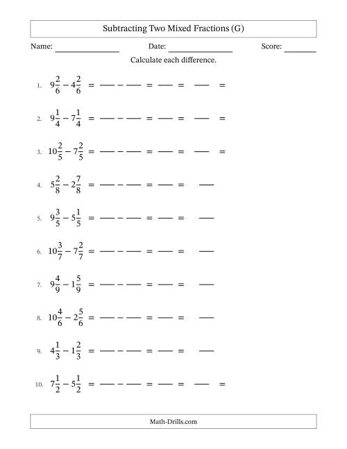 The Subtracting Two Mixed Fractions with Equal Denominators, Mixed Fractions Results and Some Simplifying (Fillable) (G) Math Worksheet