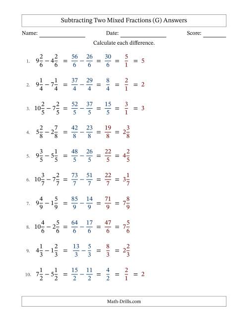 The Subtracting Two Mixed Fractions with Equal Denominators, Mixed Fractions Results and Some Simplifying (Fillable) (G) Math Worksheet Page 2