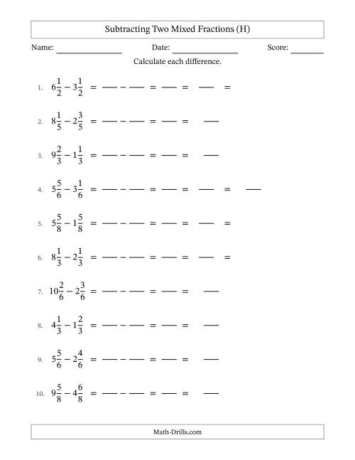 The Subtracting Two Mixed Fractions with Equal Denominators, Mixed Fractions Results and Some Simplifying (Fillable) (H) Math Worksheet